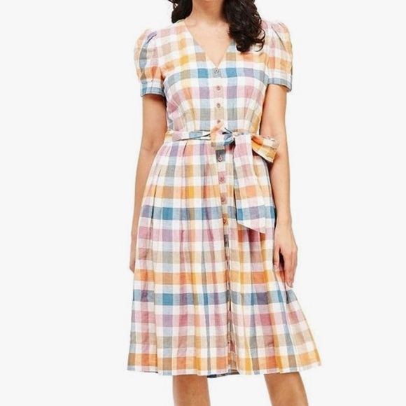 Gal Meets Glam Poppy Gingham‎ Linen Blend Midi Dress - Picture 1 of 9
